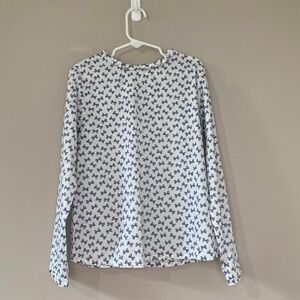 Jacadi Paris EUC Girls White Navy Blue Bow Print Ruffle Blouse Top Size 8A 128cm
